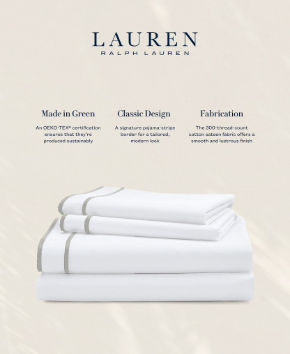 Lauren Ralph Lauren Spencer 300 Thread Count Sateen Border Sheet Set, Queen - White & Stone Grey