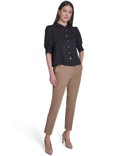 Tommy Hilfiger Women's Collared Ruffle Neck Blouse - Midnight/Tobacco Brown