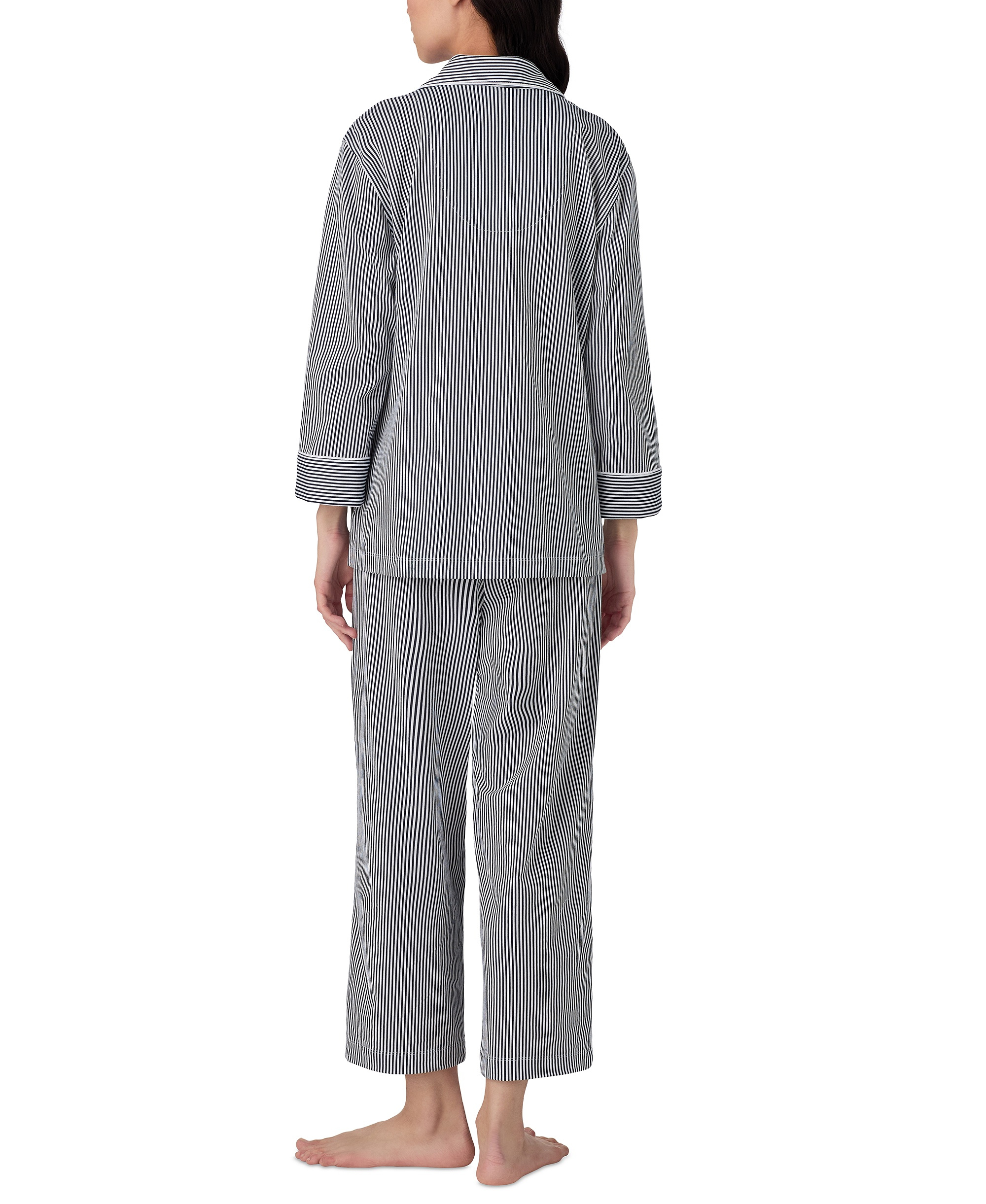 Lauren Ralph Lauren Womens 3/4 Sleeve Cotton Notch Collar Capri Pant Pajama Set - Navy Stripe