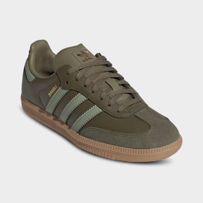 Big Kids' adidas Originals Samba OG Casual Shoes - Part 1 - Olive Strata/Tent Green/Gum - Both shoes facing left