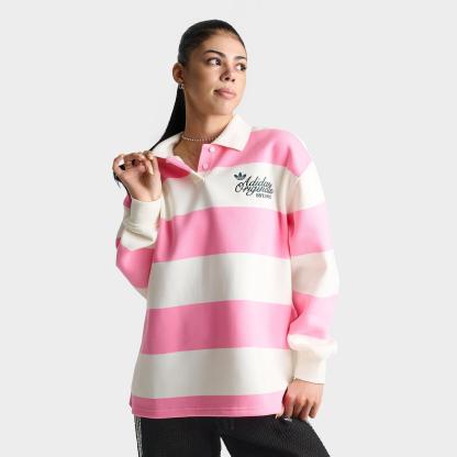 Women's adidas Originals Striped Long-Sleeve Collar Crewneck Sweatshirt - Semi Pink Glow - view 1