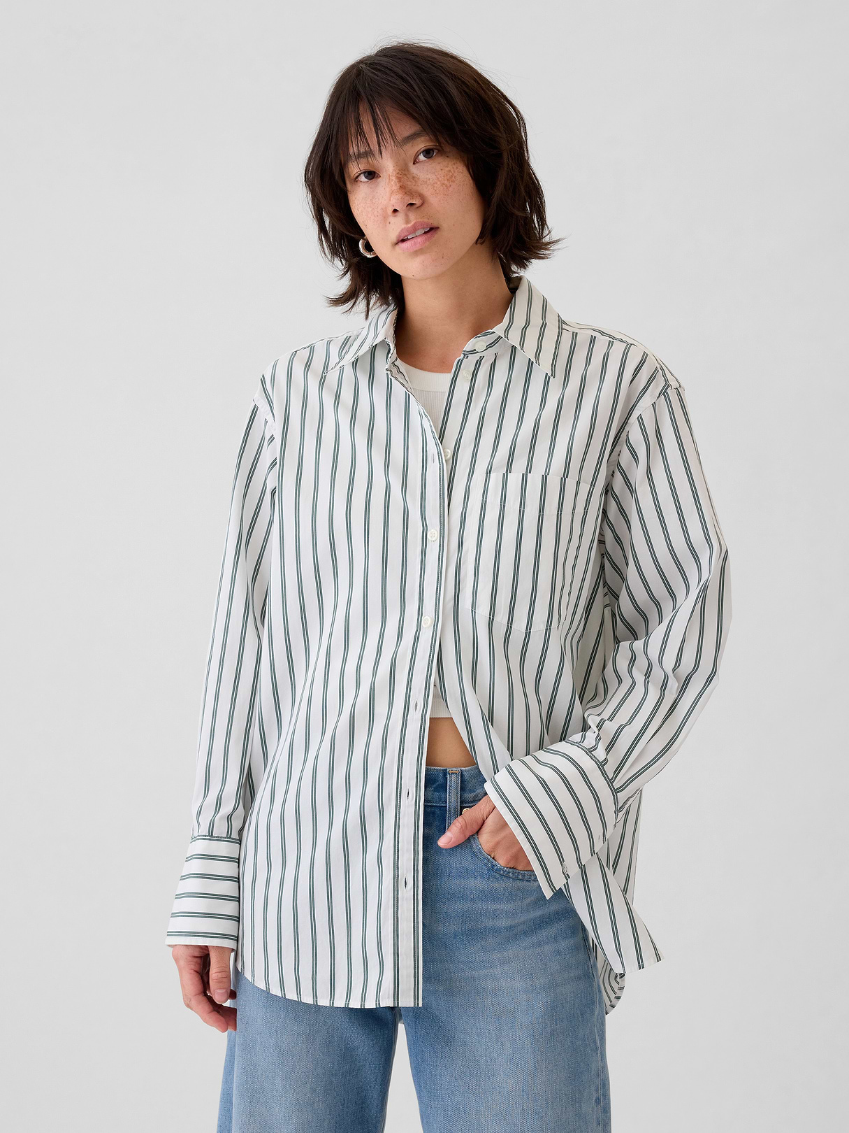 Organic Cotton Poplin Stripe Big Shirt - green stripe