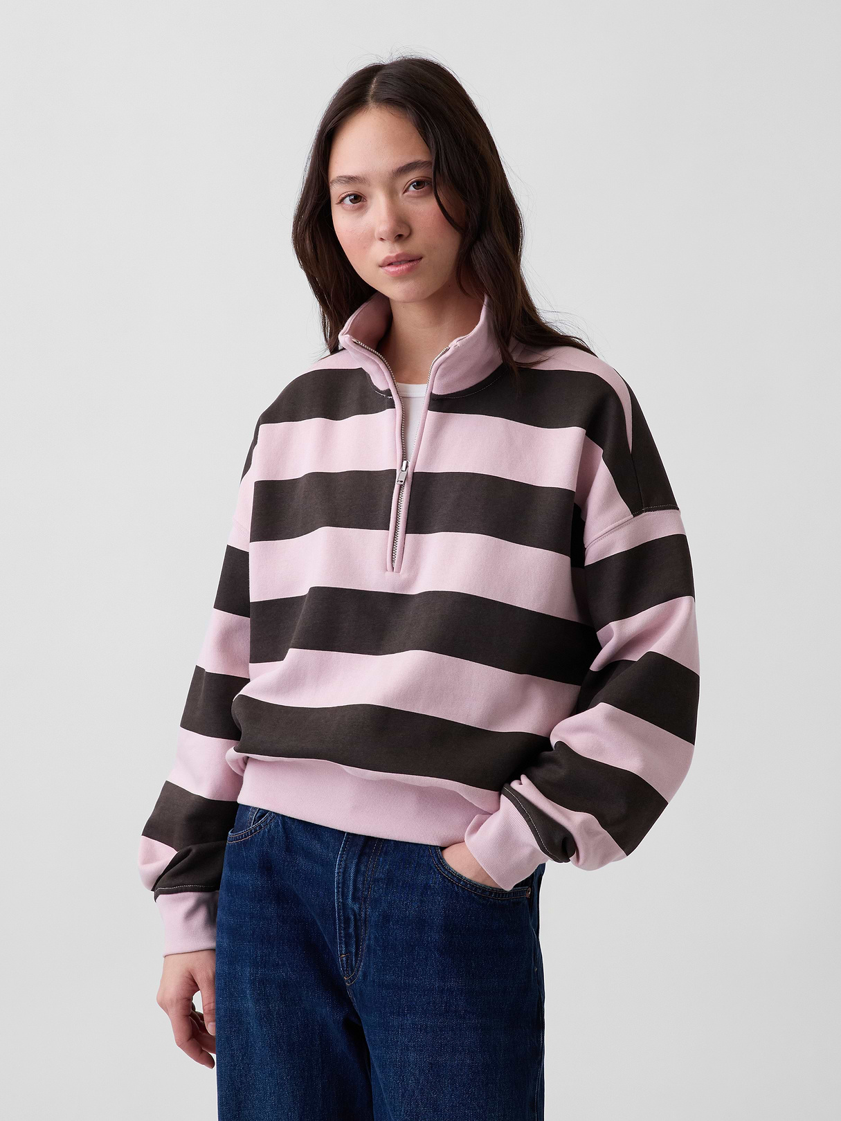 VintageSoft Oversized Half-Zip Wedge Pullover - Pink stripe