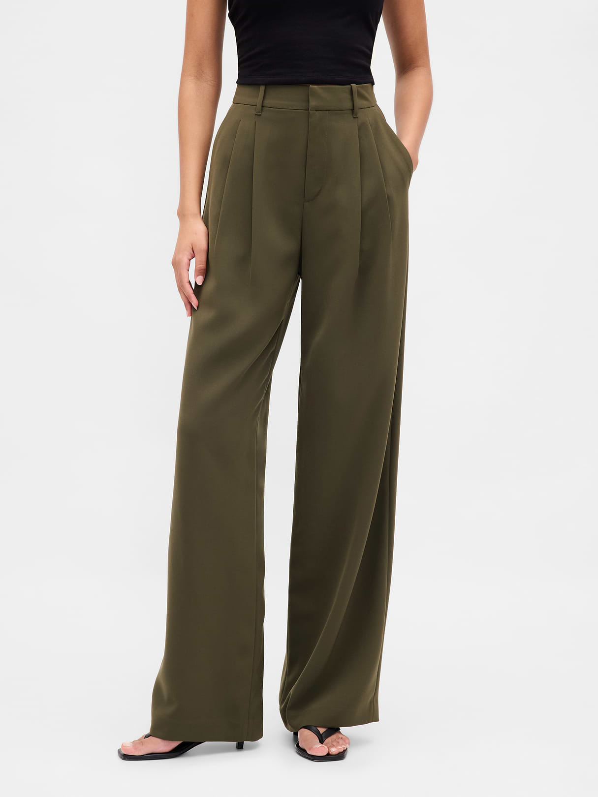 365 High Rise Pleated Trousers - Black moss green