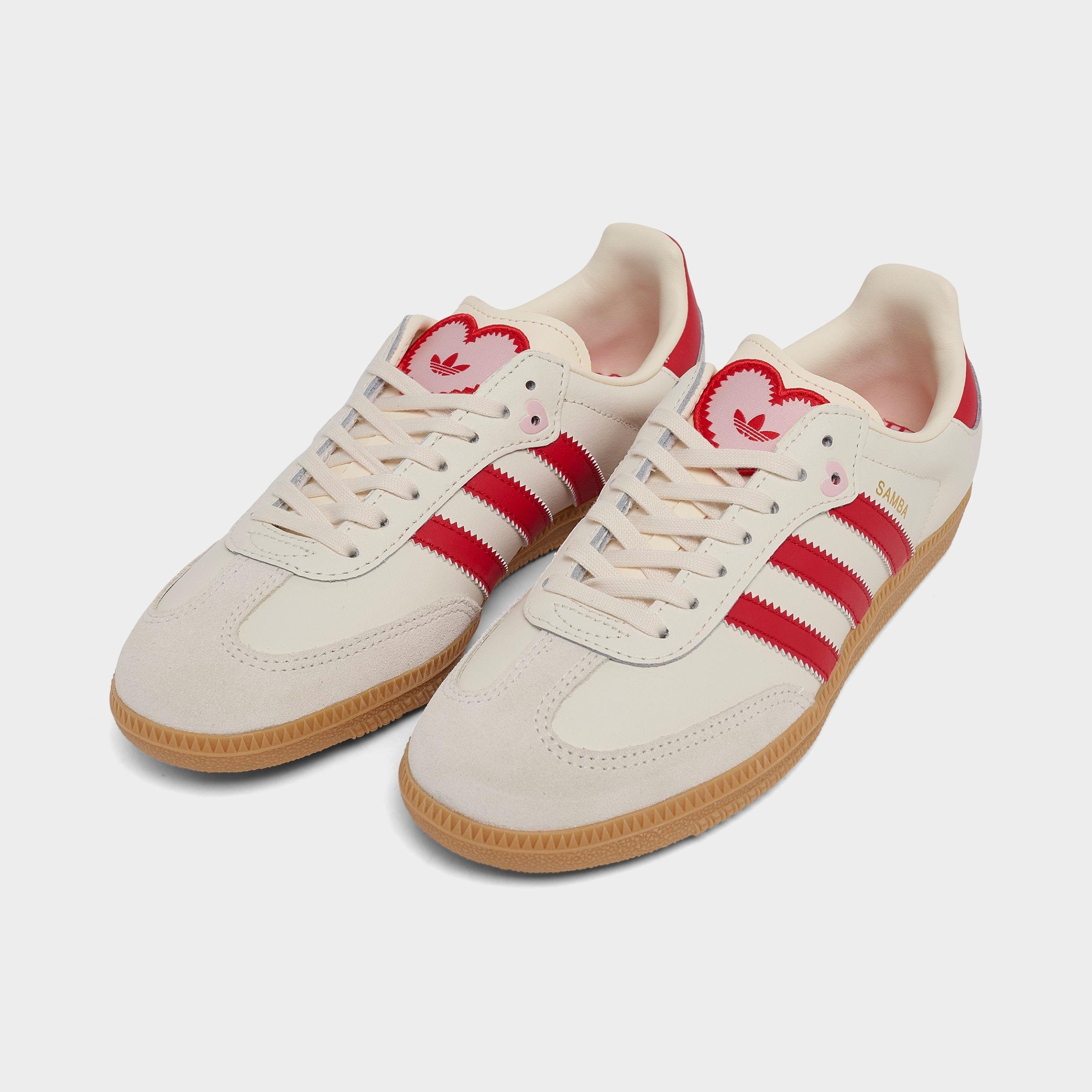 Big Kids' adidas Originals Samba OG Casual Shoes - Part 2 - Cream White/Better Scarlet/Gum - Both shoes facing left