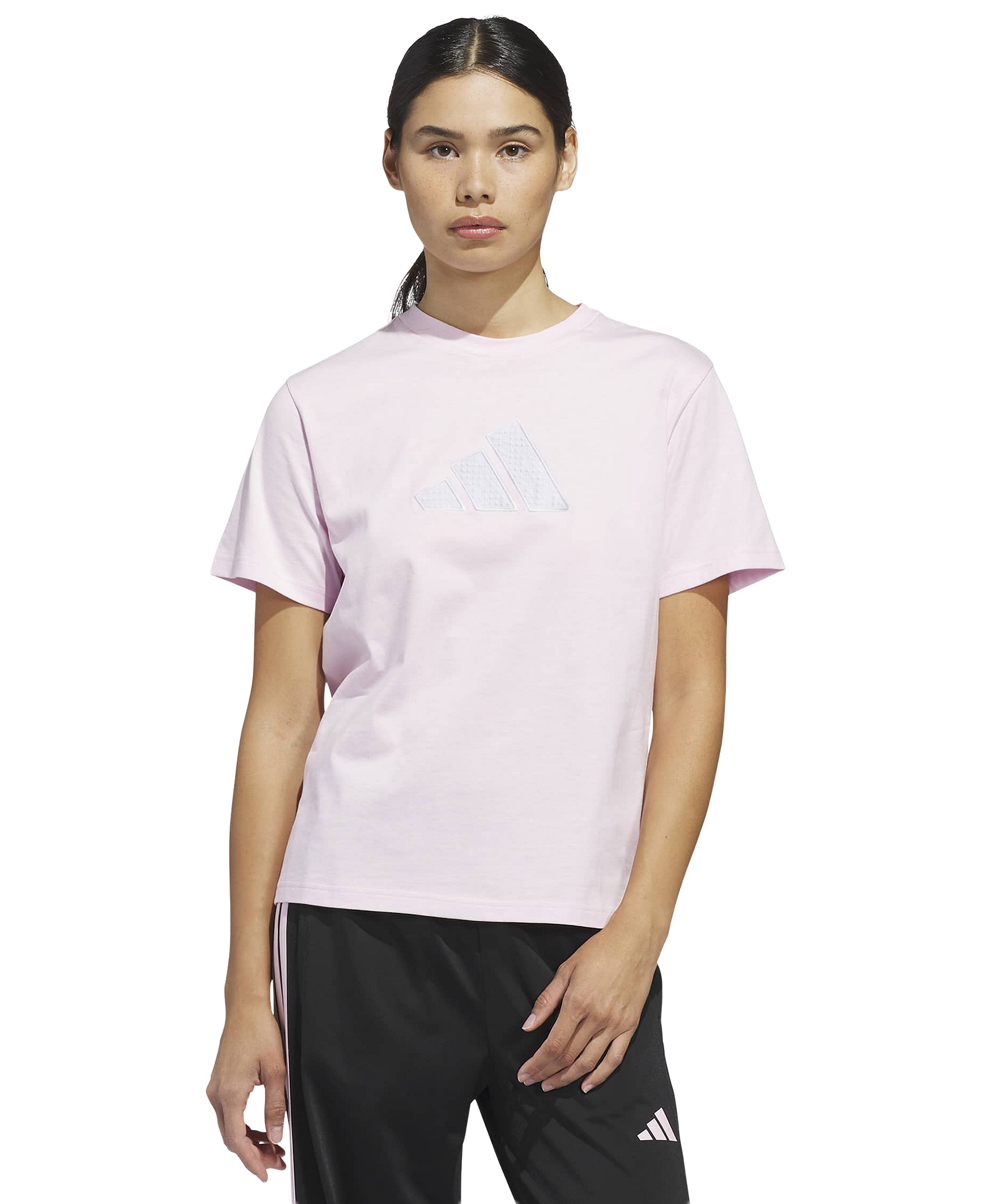 adidas Women's Gingham Big Logo Graphic Crewneck Cotton T-Shirt - Brght Pink