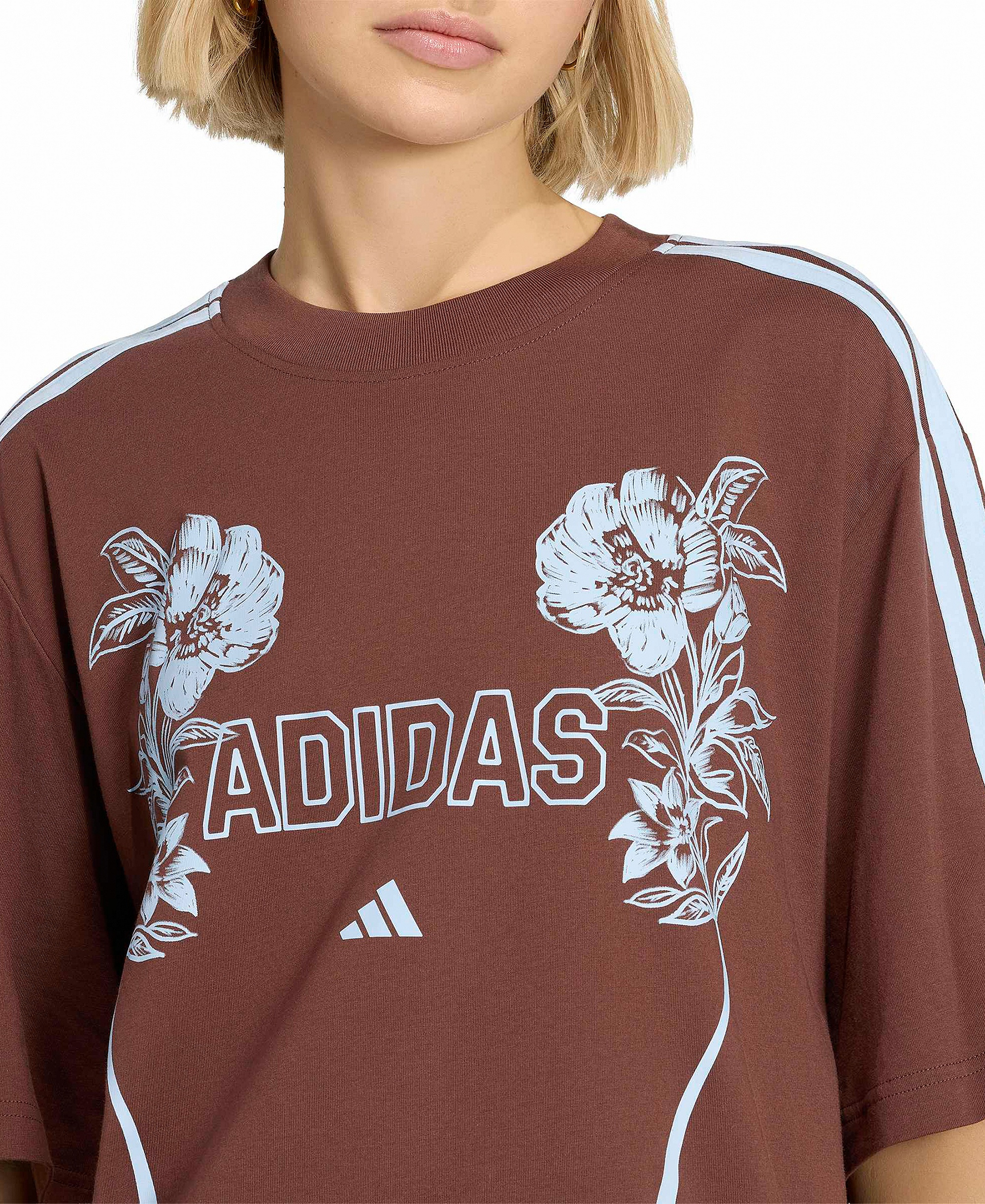 adidas Women's Farm Gfx Tee 2 Retro Graphic-Print 3-Stripes Crewneck T-Shirt - AUBURN/CLE