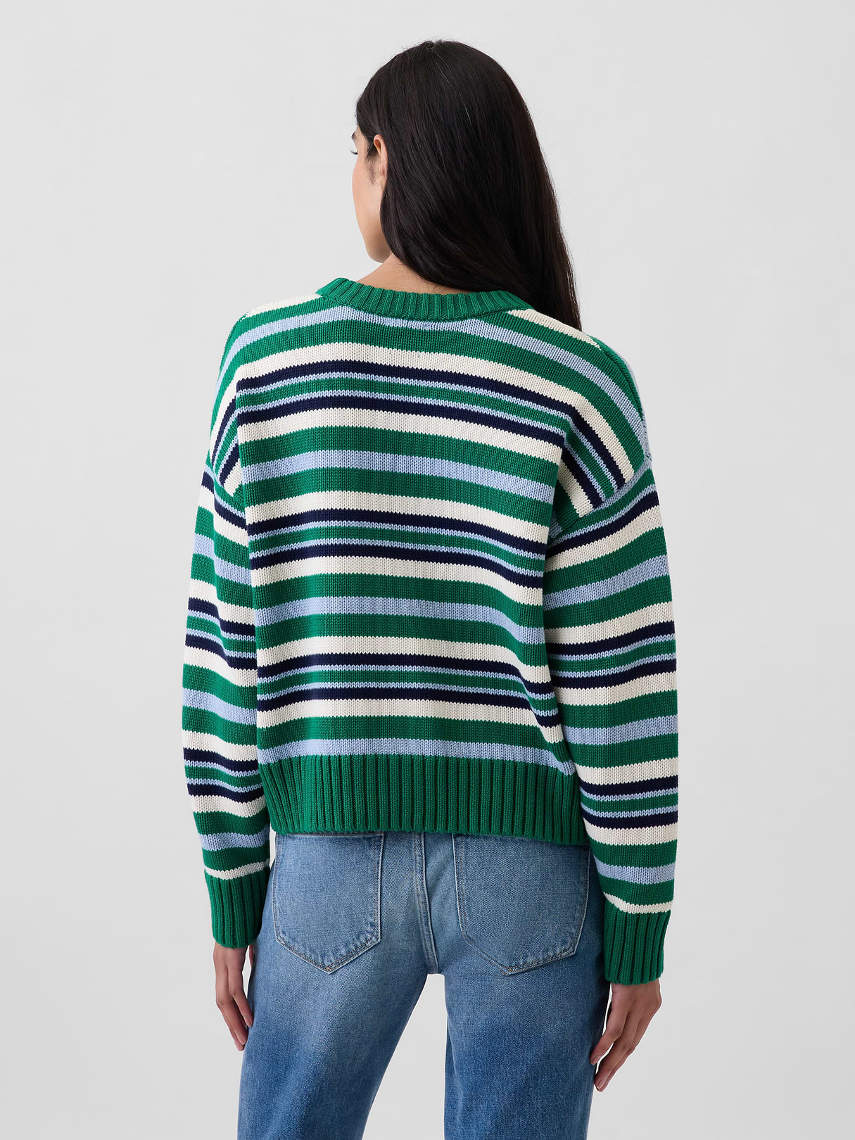 100% Cotton Oversized Crop Sweater - Green & blue stripe