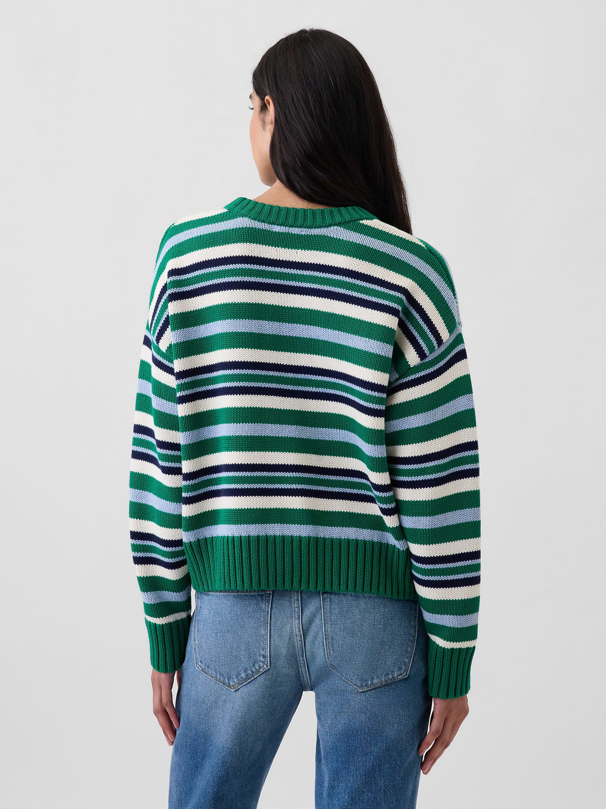 100% Cotton Oversized Crop Sweater - Green & blue stripe