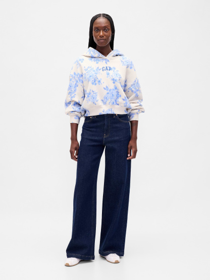 VintageSoft Crop Logo Hoodie - Blue floral print