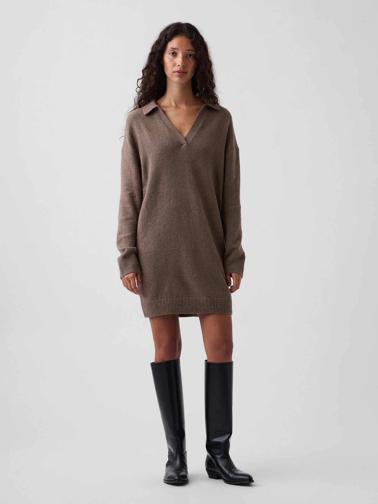 CashSoft Oversized Polo Sweater Mini Dress - Cool brown