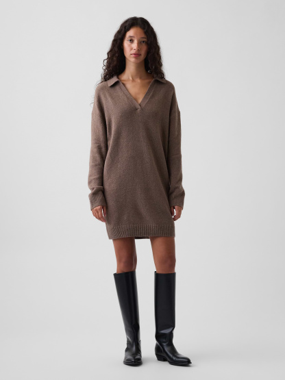 CashSoft Oversized Polo Sweater Mini Dress - Cool brown