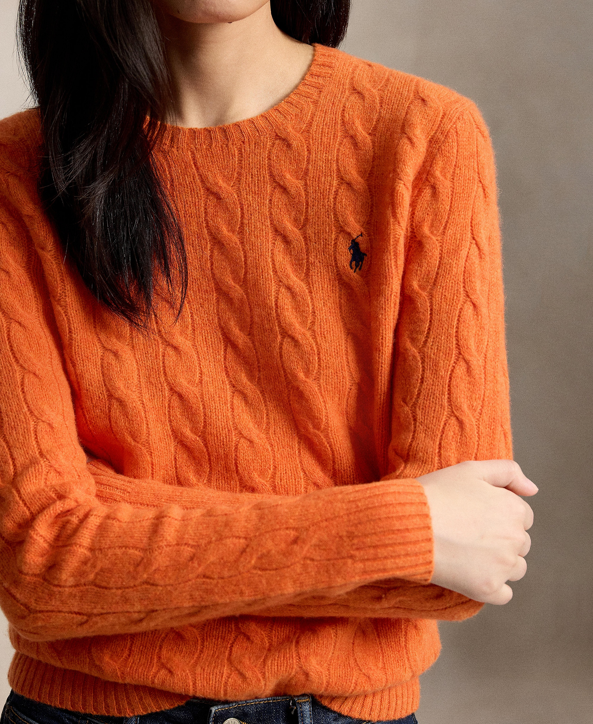 Polo Ralph Lauren Women's Cable Wool-Cashmere Crew Neck Sweater - Orange Rust Heather