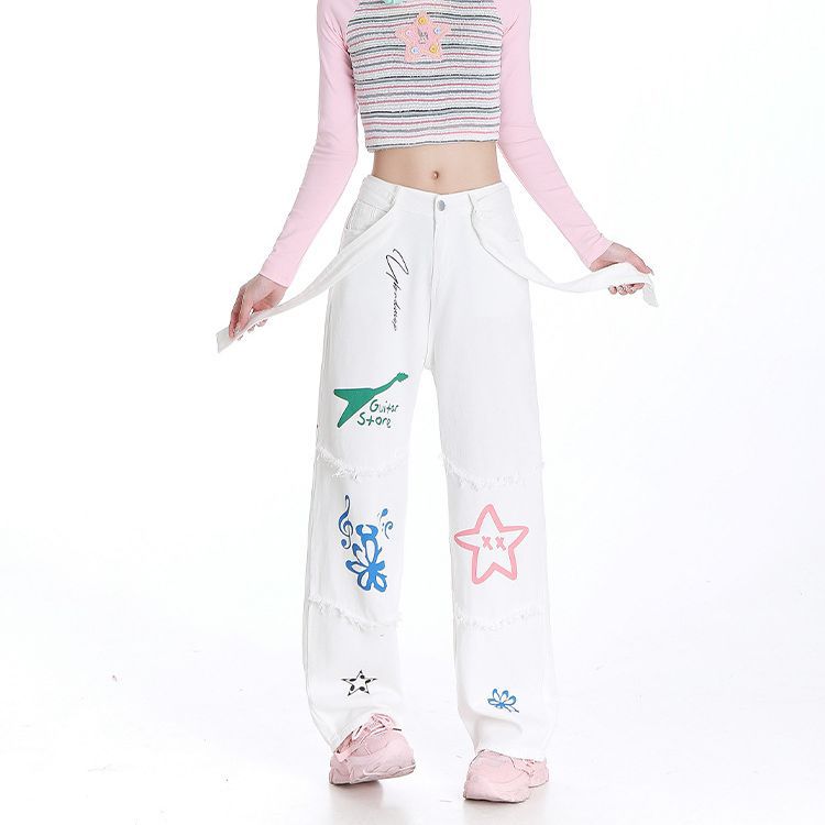 Women's Springsummer High Waist Drooping Pear Shapes Stitching Style Printed Jeans