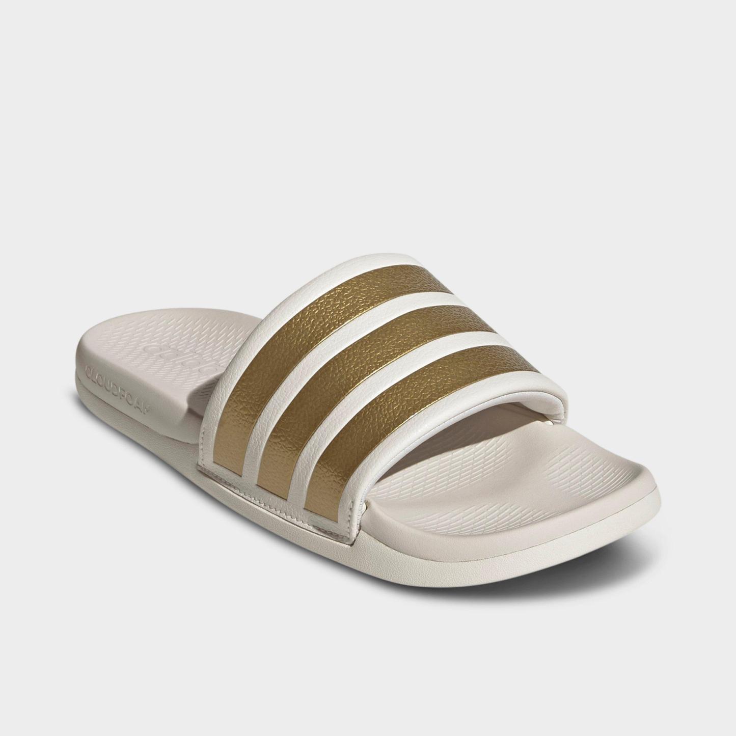 Women's adidas Adilette Comfort 2.0 Slide Sandals - Off White/Gold Metallic/Chalk White - Both shoes facing left