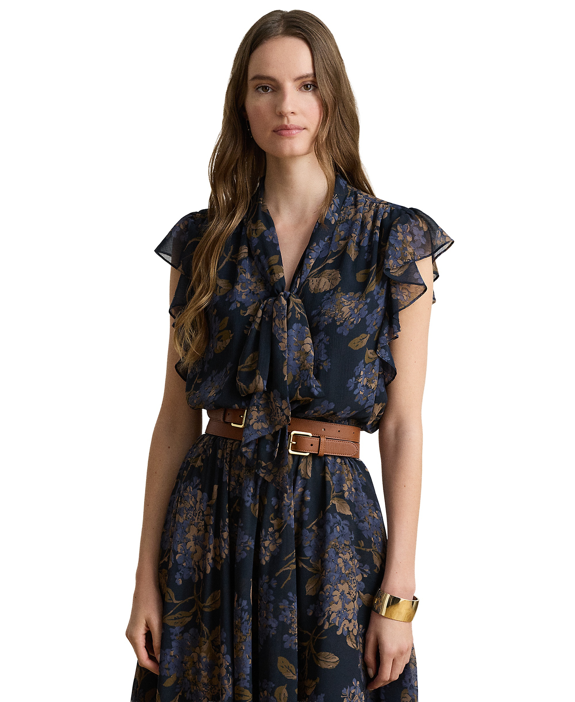 Lauren Ralph Lauren Women's Floral Crinkle Georgette Tie-Neck Midi Dress - Navy Multi