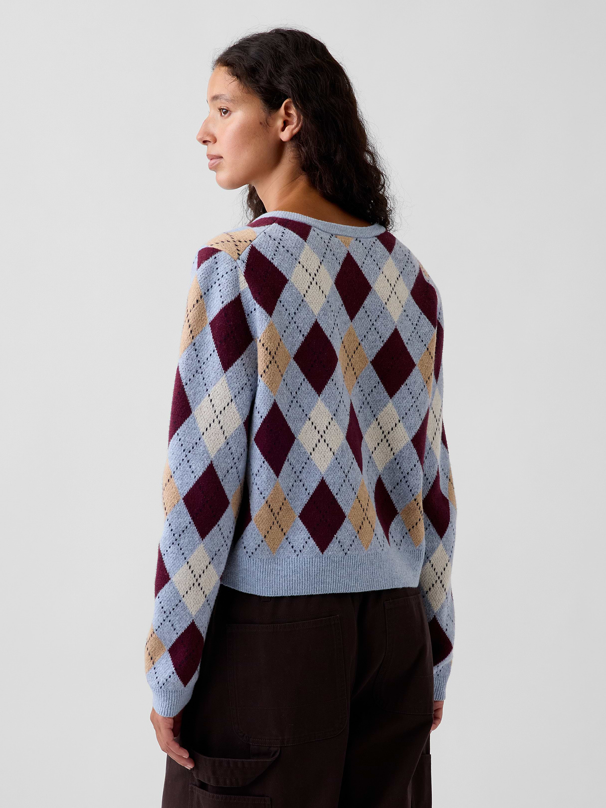 CashSoft Crop Cardigan - Blue & purple burgundy argyle