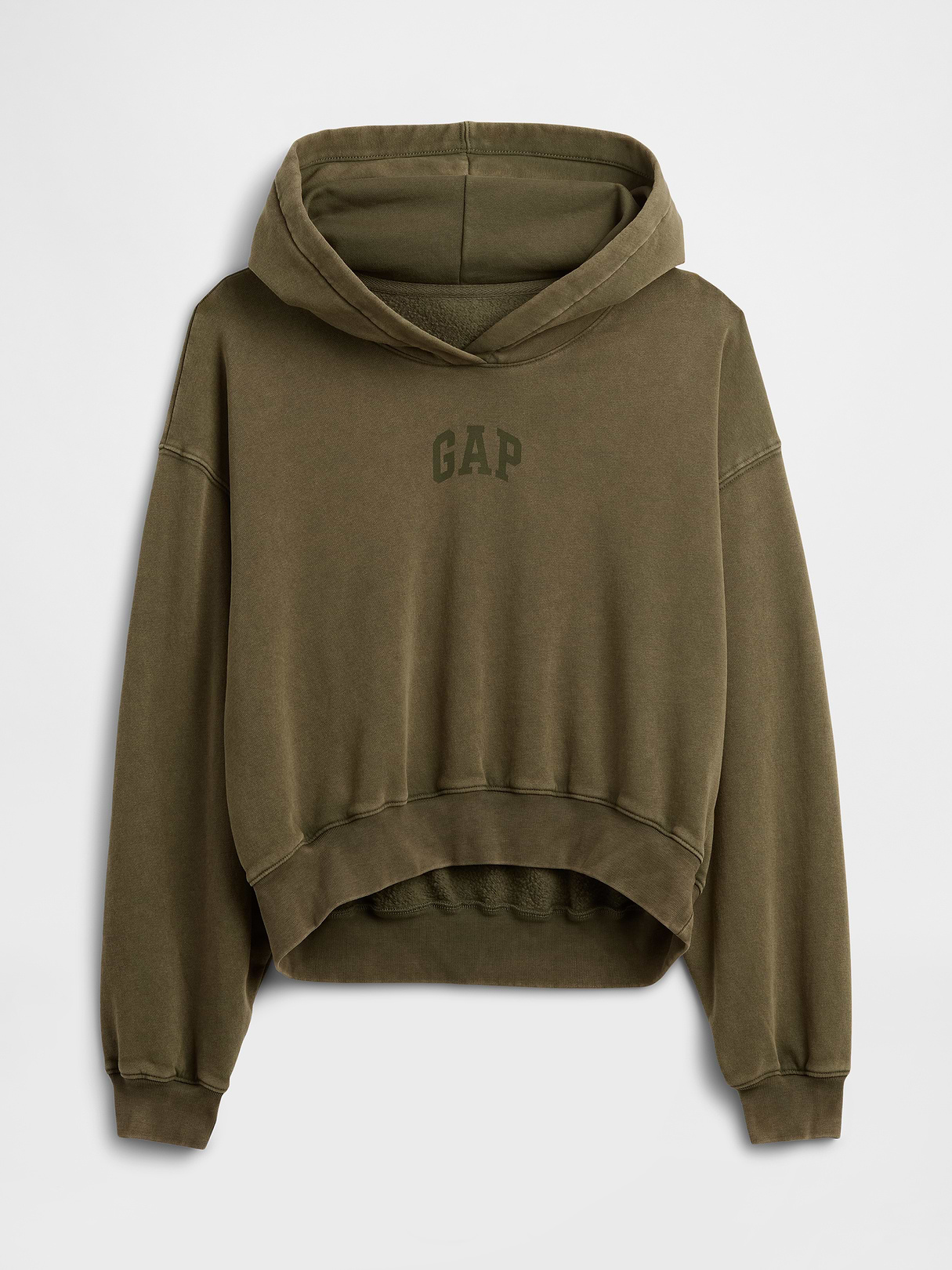 VintageSoft Crop Logo Hoodie - Black moss green wash