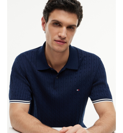Tommy Hilfiger Men's Cable Knitted Short-Sleeve Sweater Polo Shirt - Carbon Navy