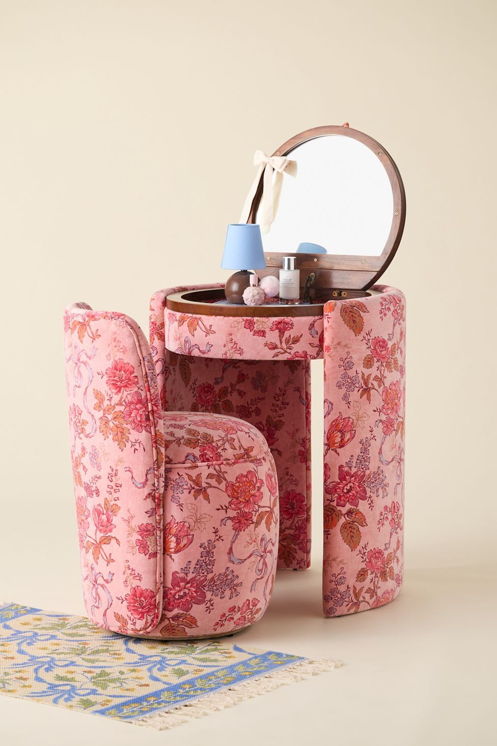 Jane Upholstered Vanity & Stool Set - Pink Floral