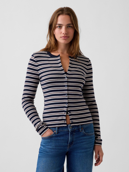 Modern Crewneck Cardigan - Navy blue stripe
