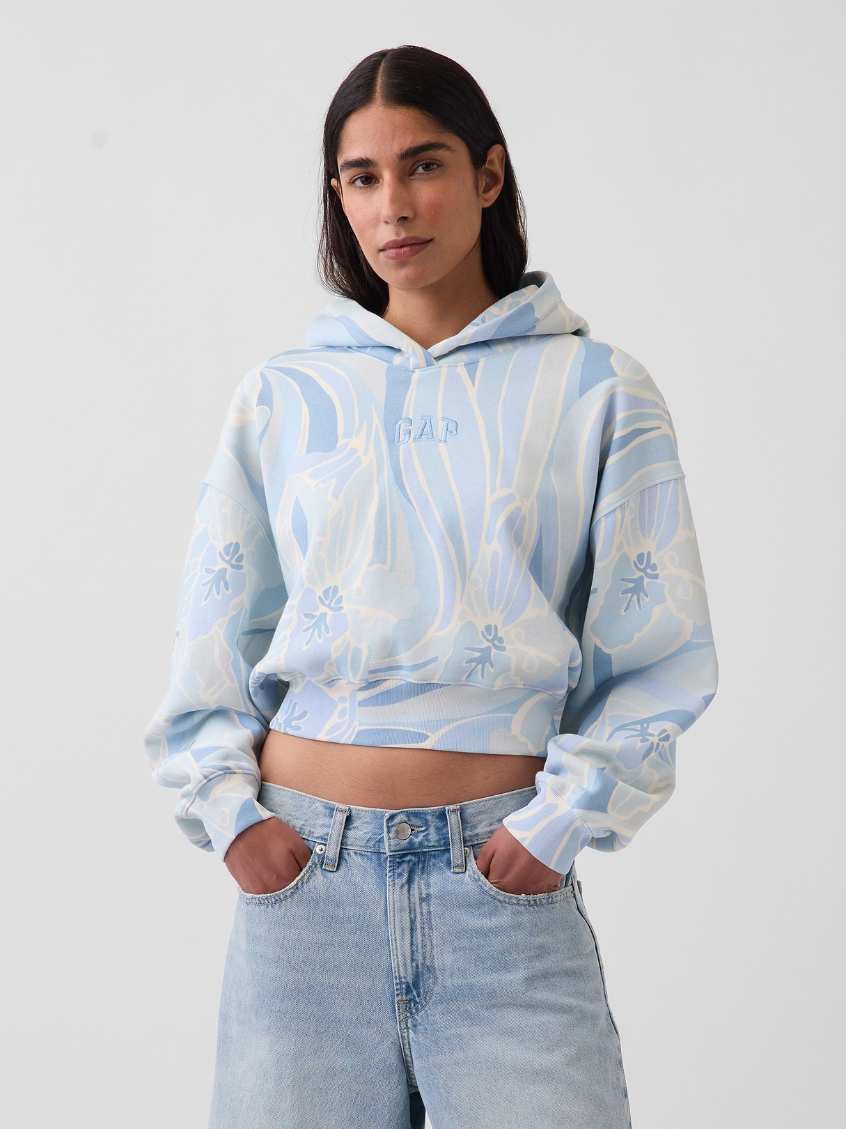 VintageSoft Crop Logo Hoodie - Blue print