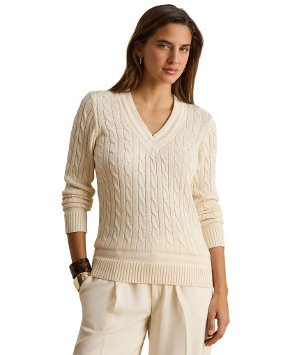 Lauren Ralph Lauren Women's Long-Sleeve V-Neck Cable Knit Sweater - Mascarpone Cream