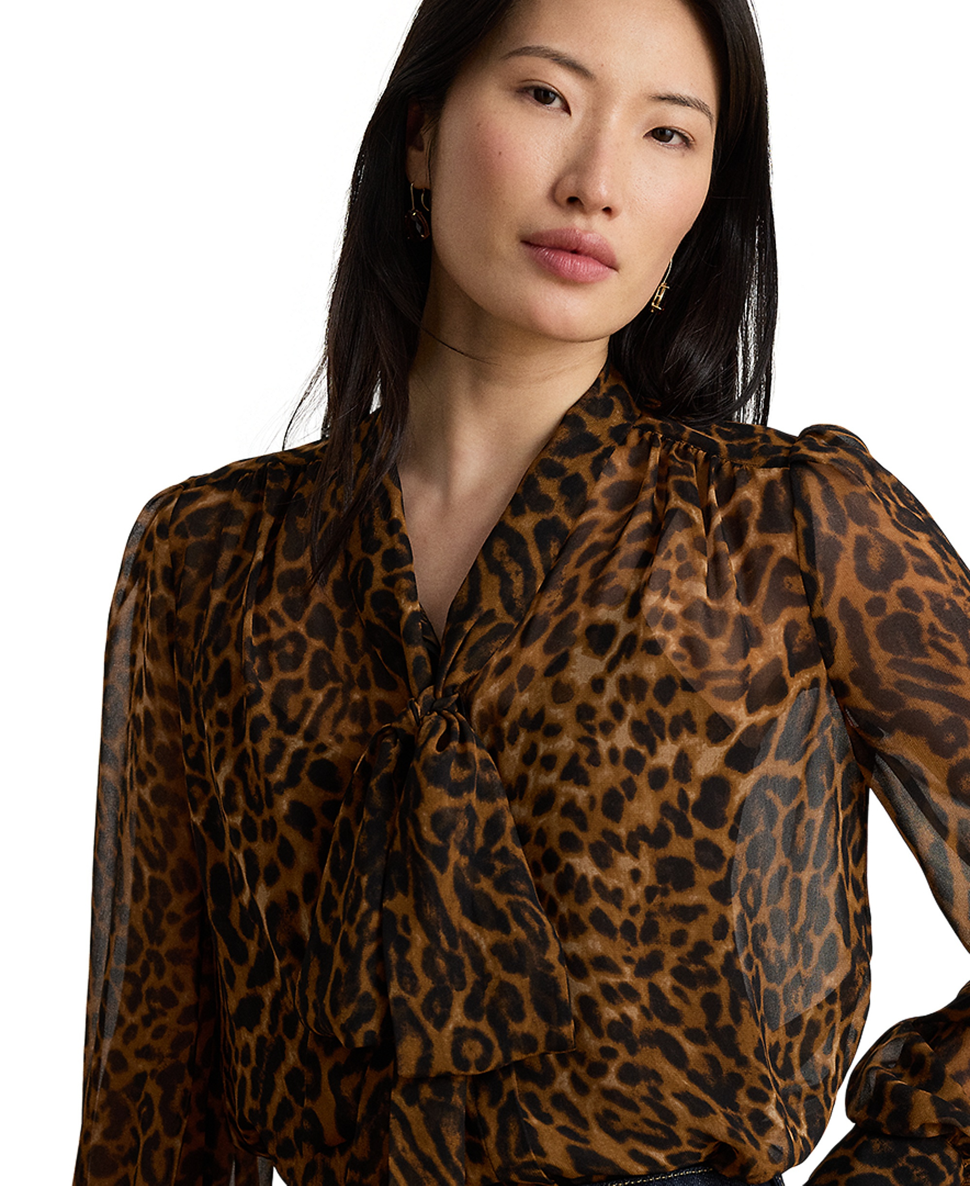 Lauren Ralph Lauren Women's Ocelot-Print Chiffon Tie-Neck Blouse - Tan Multi