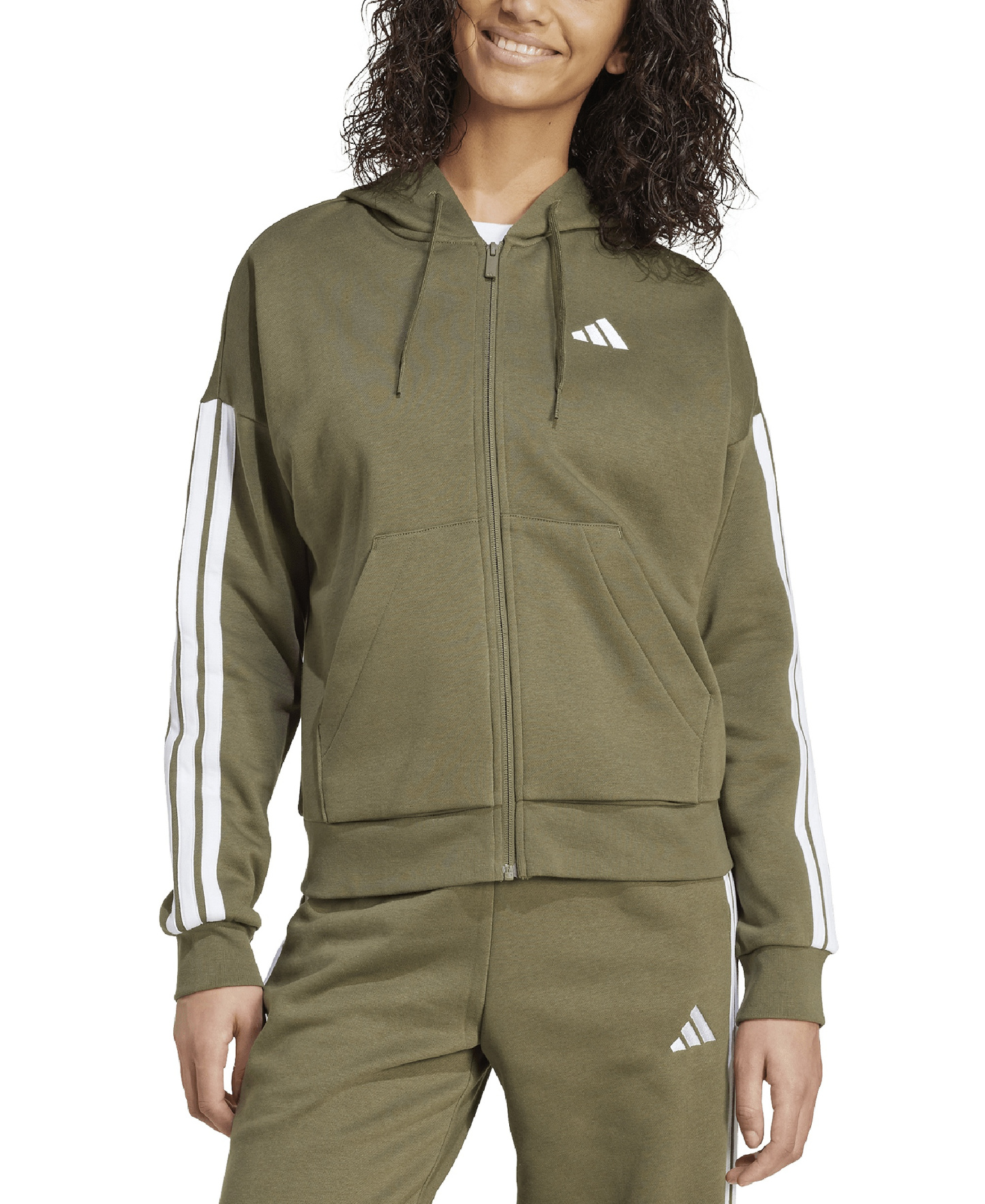 adidas Women's 3-Stripe Fleece Full-Zip Hoodie - Olive Strata/White