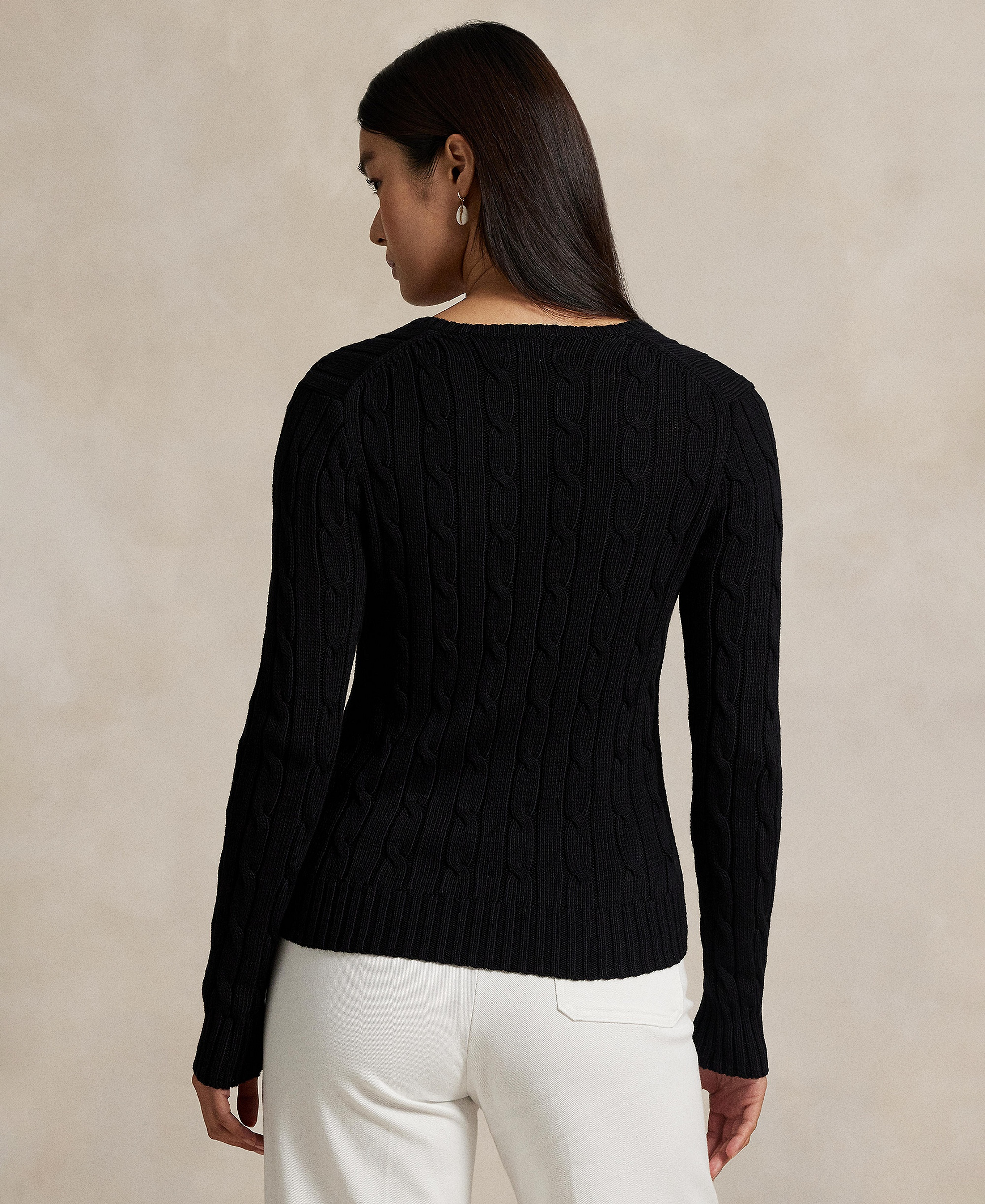 Polo Ralph Lauren Women's Cable-Knit Cotton V-Neck Sweater - Polo Black/White