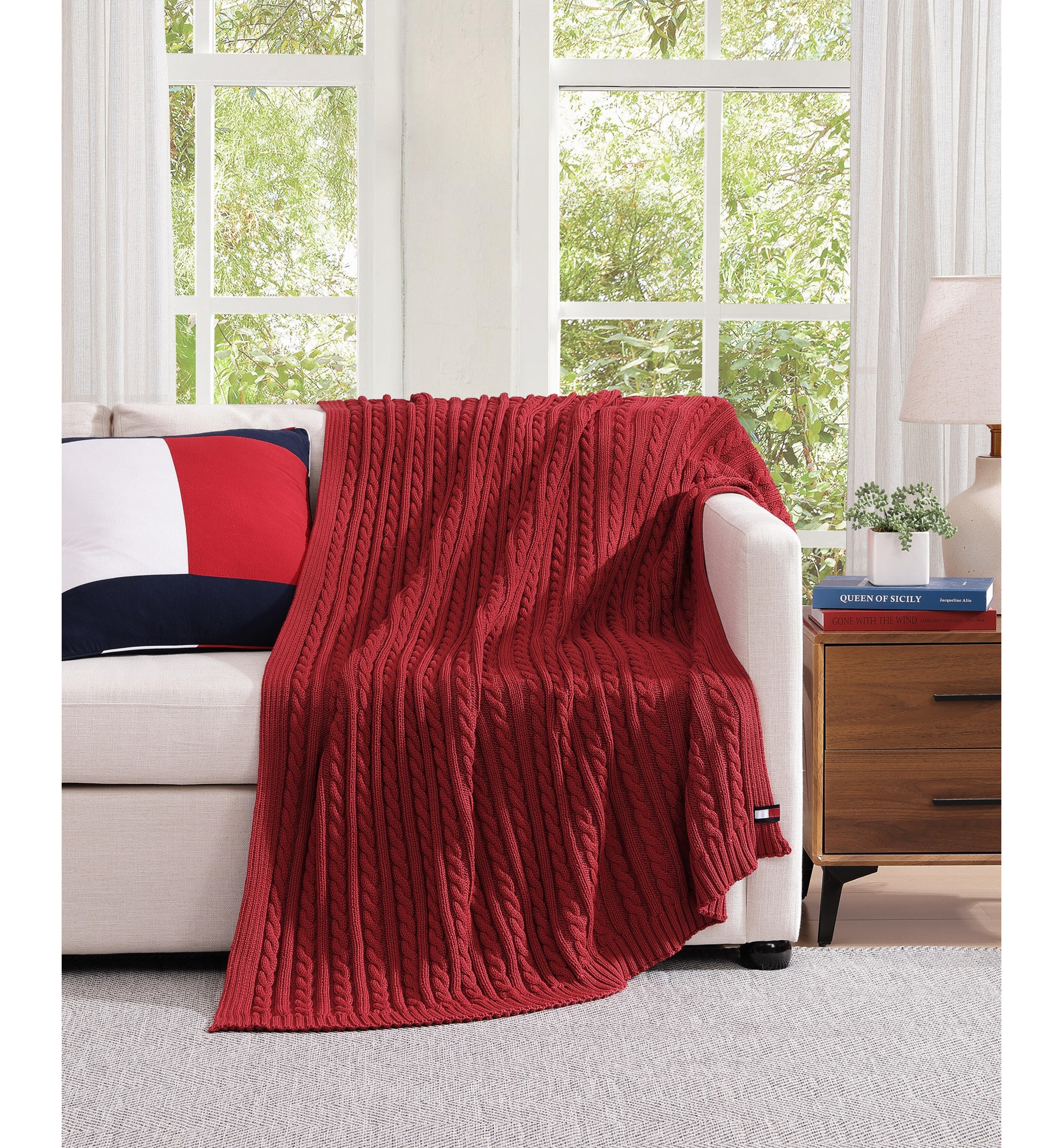 Tommy Hilfiger Solid Cotton Cable Knit Throw, 70" x 50" - Dark Red