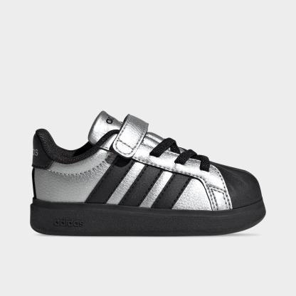 Kids' Toddler adidas Streettalk Hook-And-Loop Stretch Lace Casual Shoes - Silver Metallic/Core Black/Silver Metallic - Left shoe facing left. Outside of the shoe.