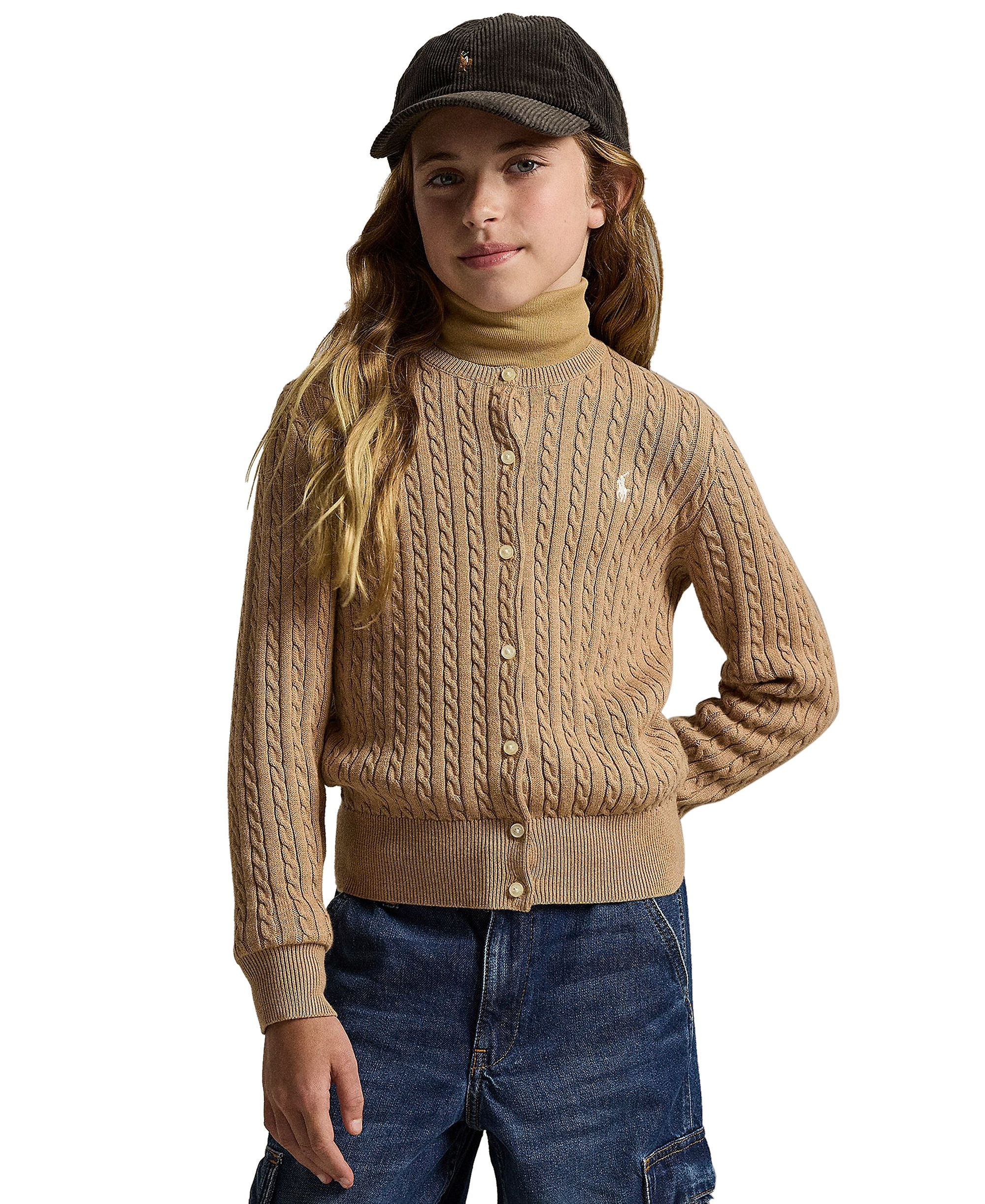 Polo Ralph Lauren Girls' 7-16 Mini-Cable Cardigan - Camel Heather