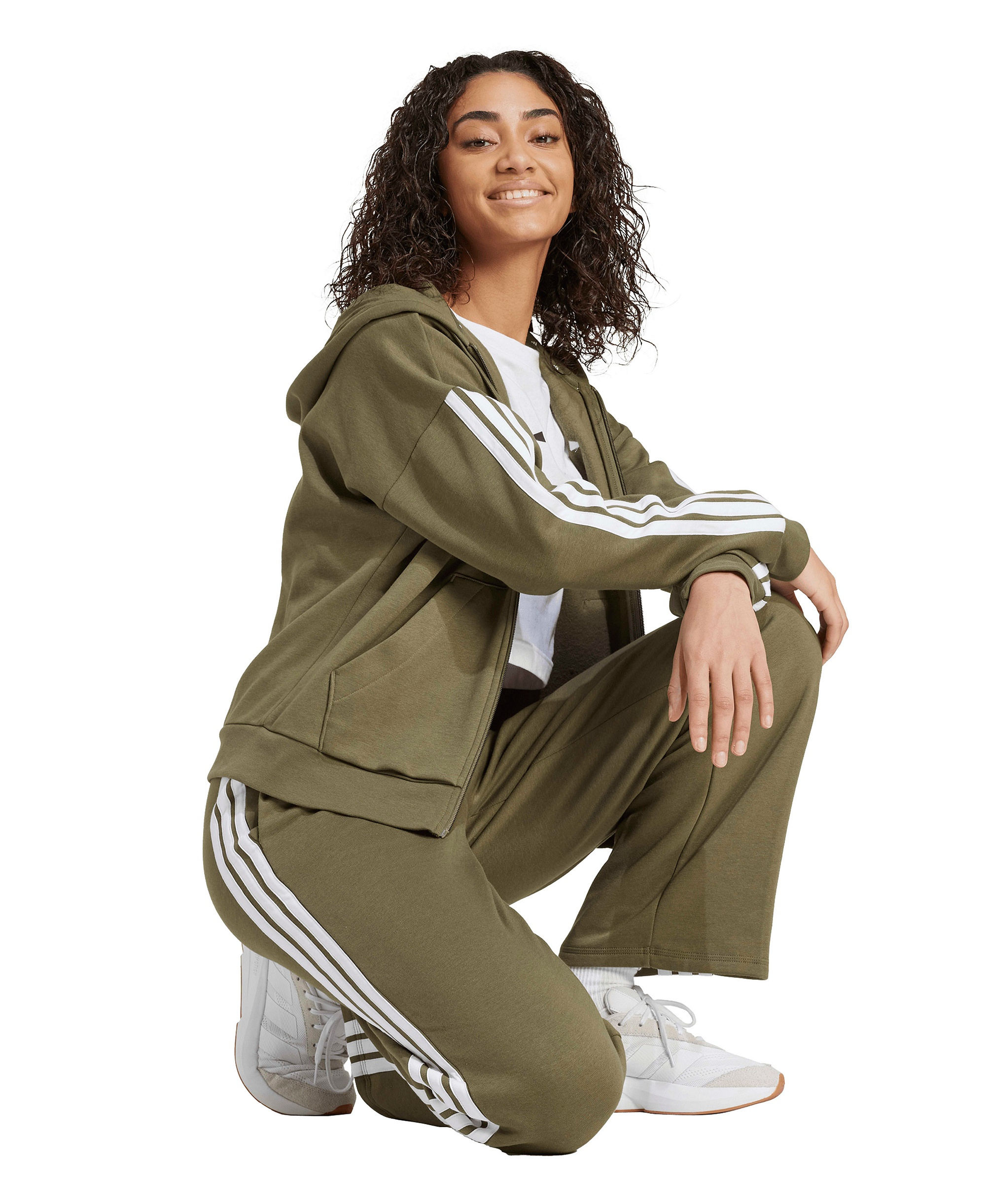 adidas Women's Essentials 3-Stripes Fleece Slim Pants - Olive Strata/White