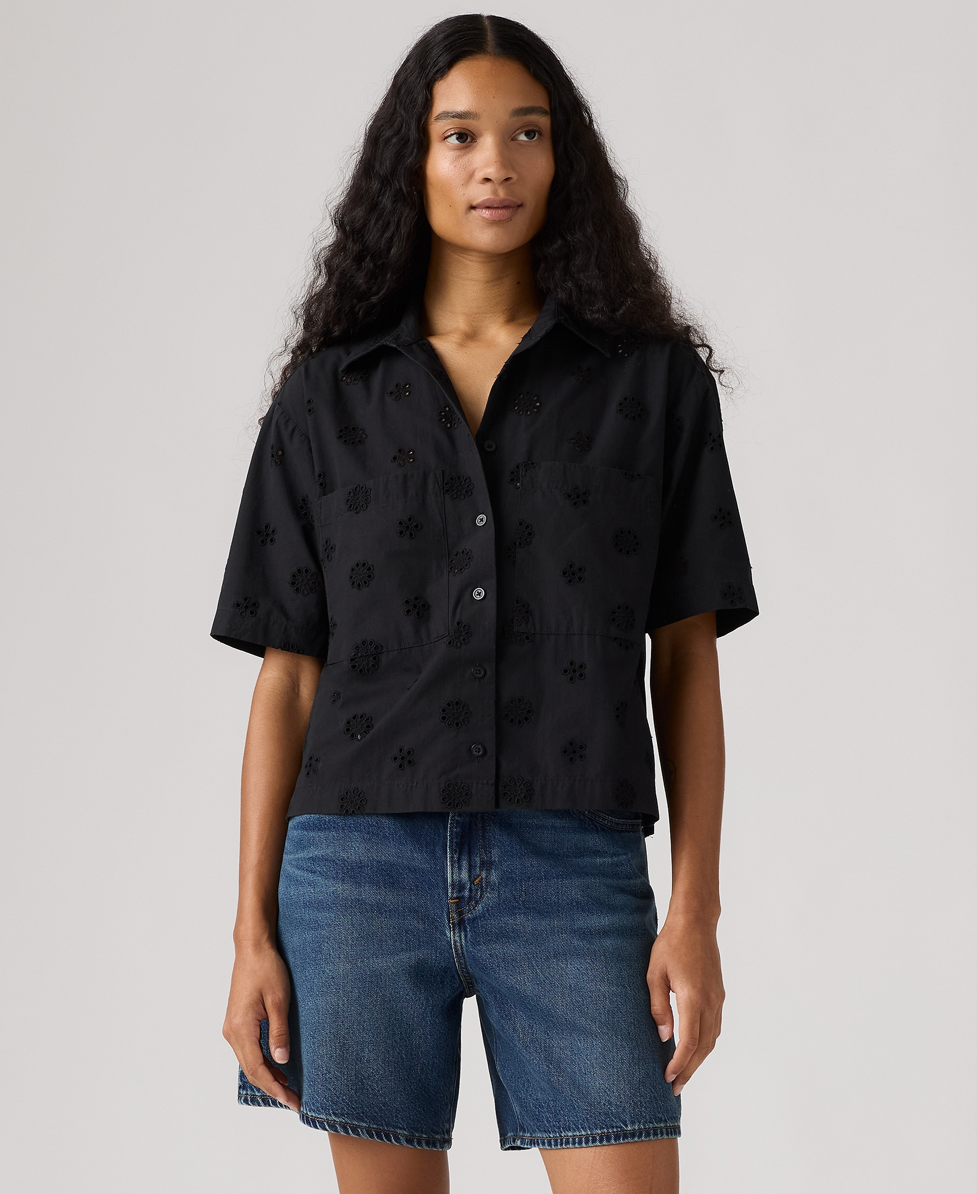 Levi's Premium Women's Novelty Harlie Short-Sleeve Cotton Cropped Shirt - Anthracite Night