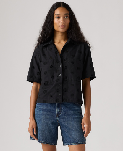 Levi's Premium Women's Novelty Harlie Short-Sleeve Cotton Cropped Shirt - Anthracite Night