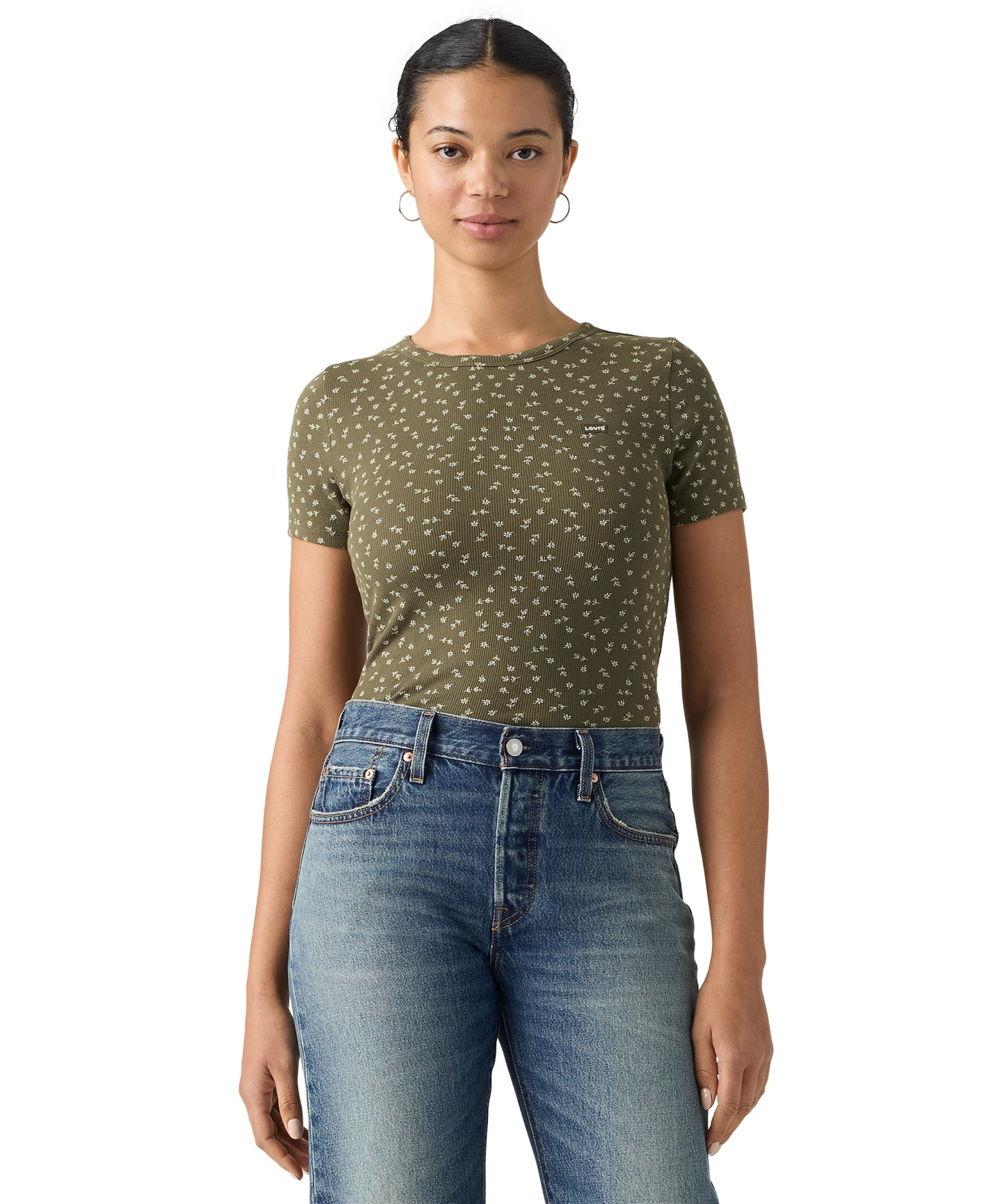 Levi's Women's Hayes Slim-Fit Short-Sleeve Crewneck T-Shirt - Jaana Floral V2 Olive Night