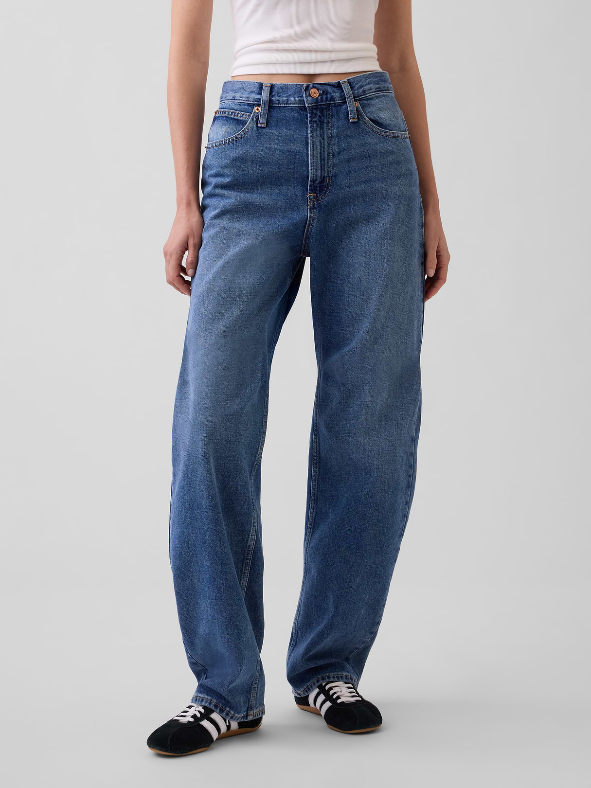 High Rise Barrel Cargo Jeans - Medium wash