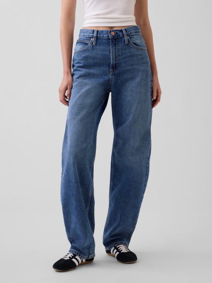 High Rise Barrel Cargo Jeans - Medium wash