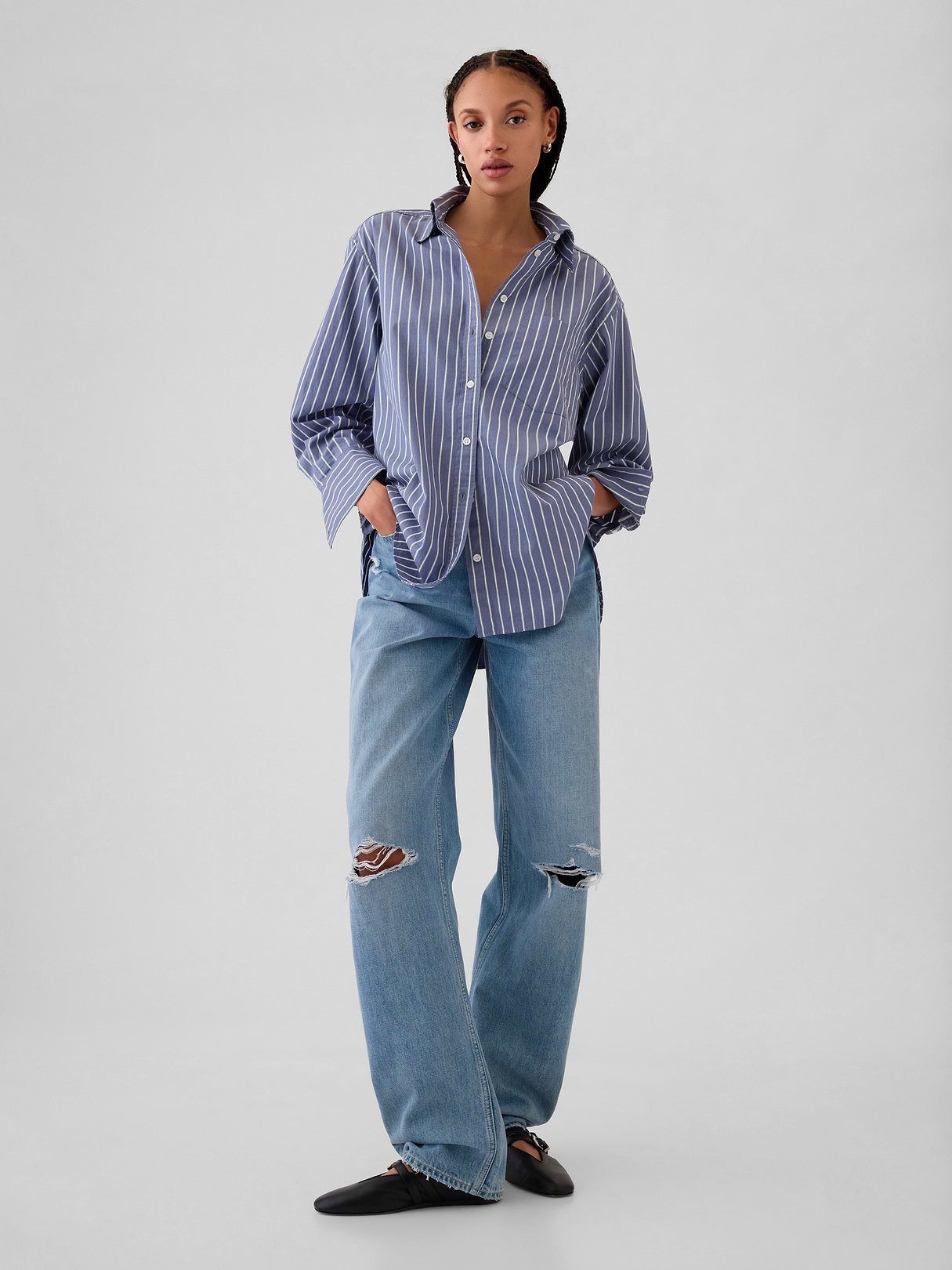 Organic Cotton Poplin Stripe Big Shirt - Blue and green stripe