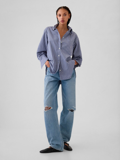 Organic Cotton Poplin Stripe Big Shirt - Blue and green stripe