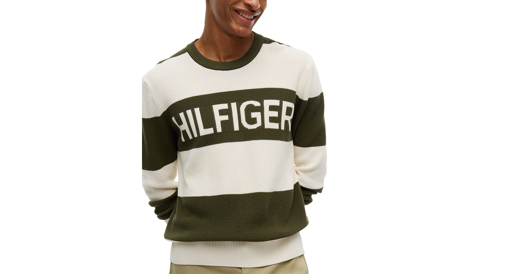 Tommy Hilfiger Men's Waffle Cotton Graphic Crewneck Sweater - Huntsman Green/Ivory Petal