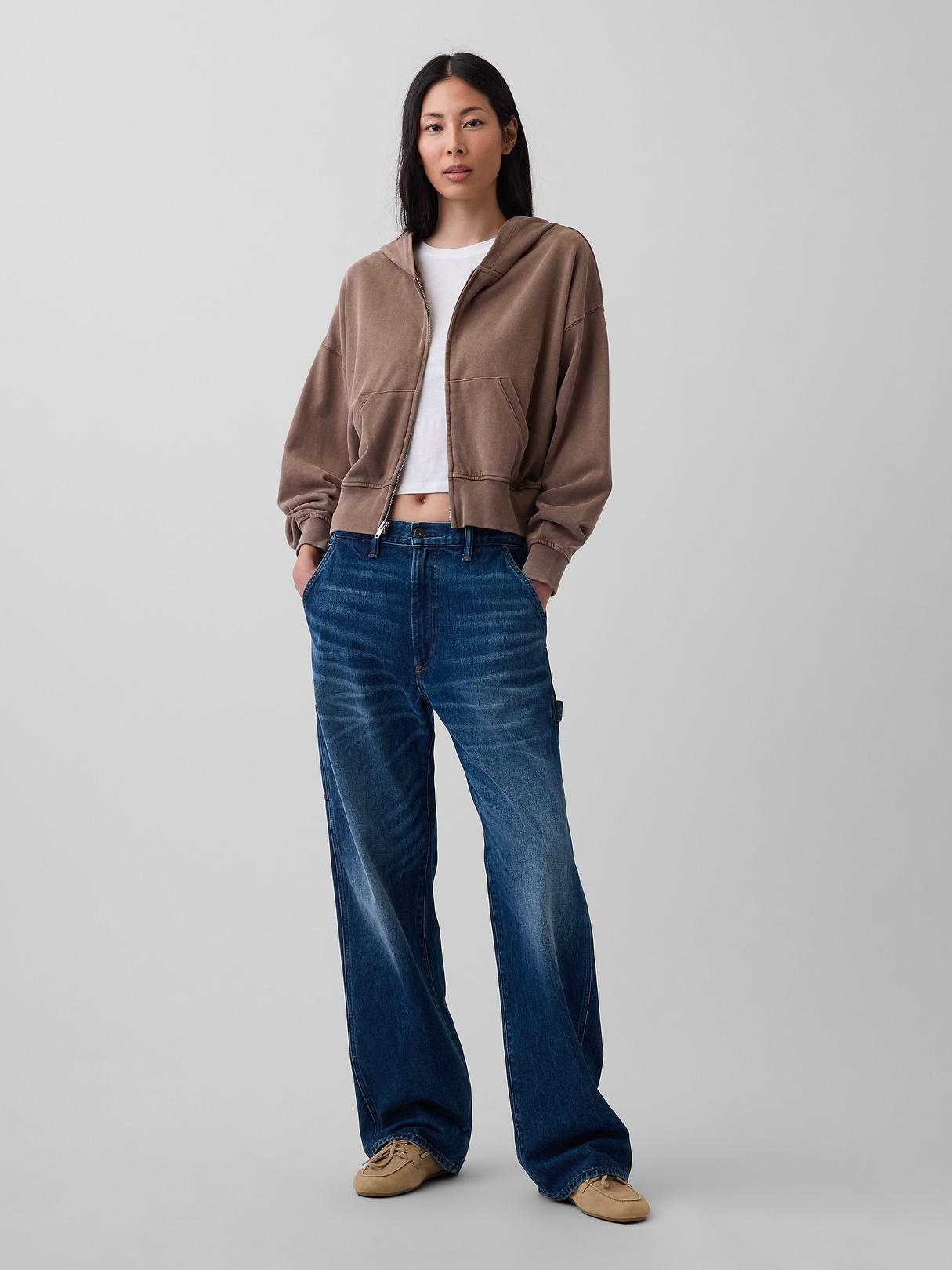 VintageSoft Terry Oversized Wedge Zip Hoodie - Brown