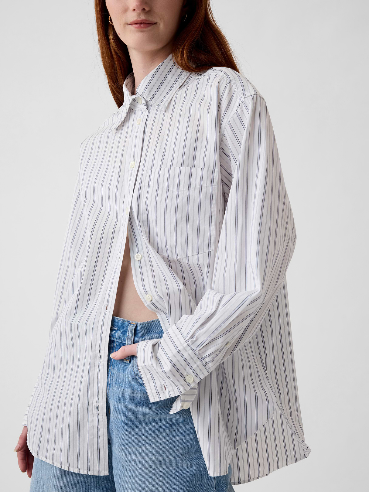 Organic Cotton Poplin Stripe Big Shirt - white & blue stripe