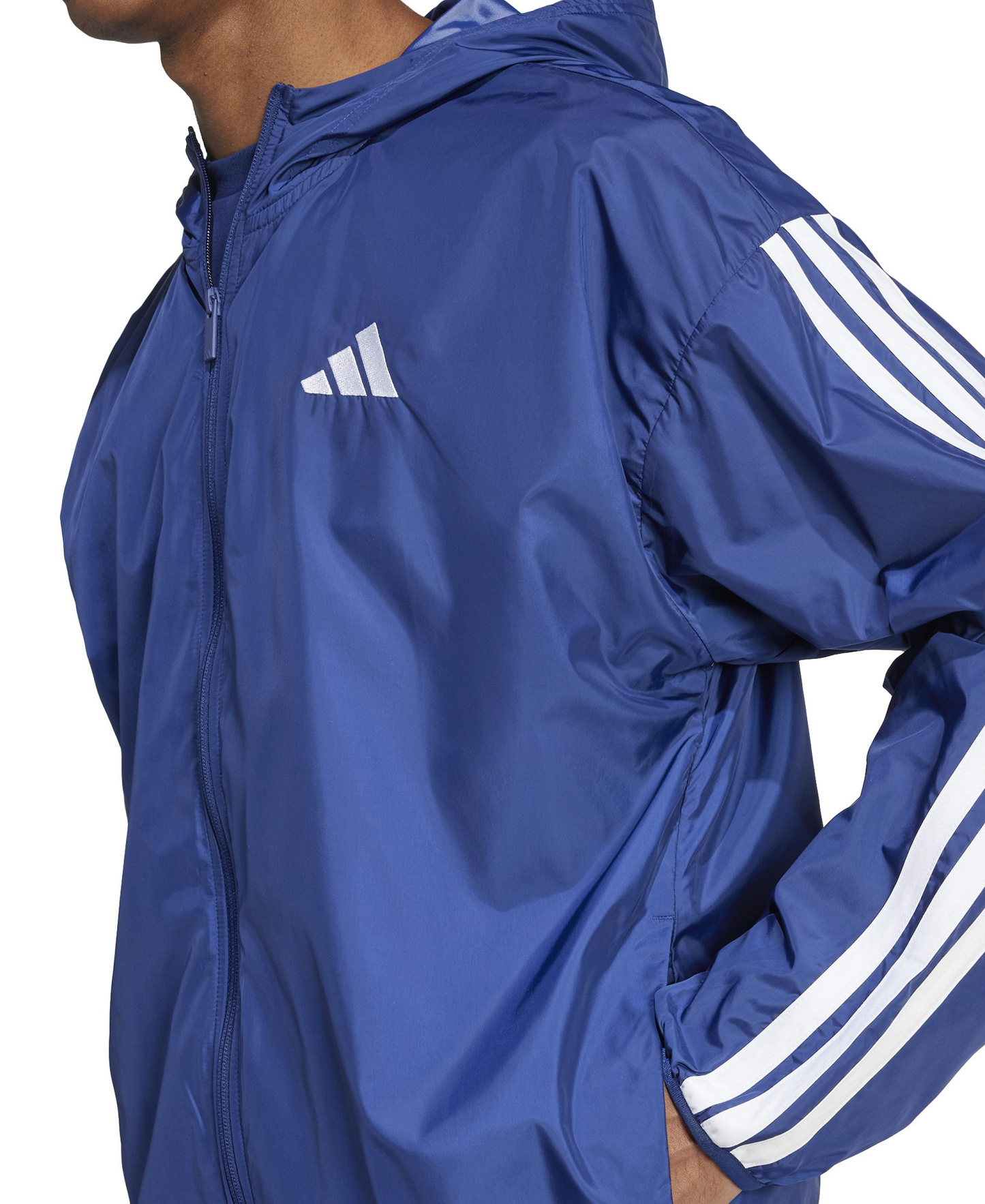 adidas Men's Essential Three-Stripes Woven Windbreaker - Dark Blue / White