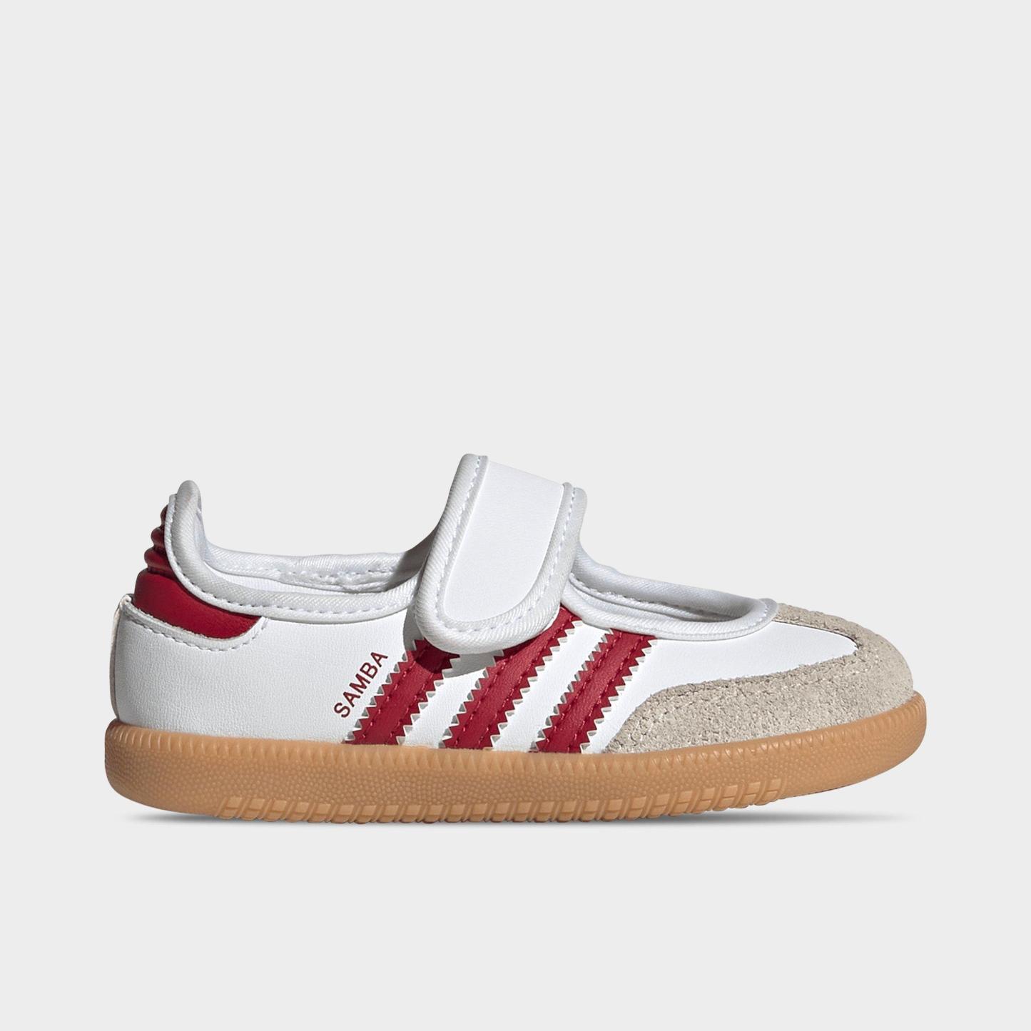 Girls' Toddler adidas Originals Samba Jane Casual Shoes - Cloud White/Team Victory Red/Gum - Left shoe facing left. Outside of the shoe.