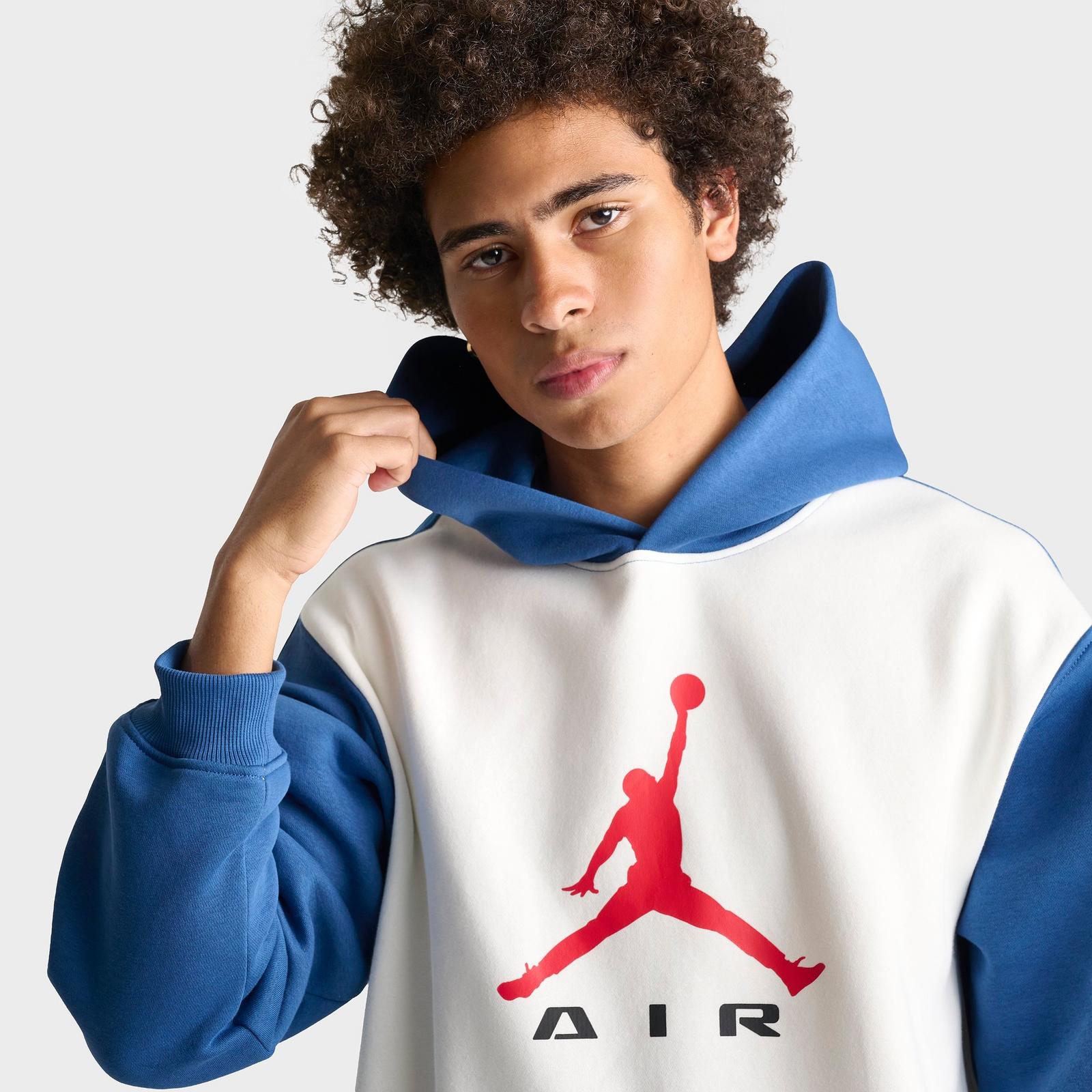 Men's Jordan Brooklyn Jumpman Air Fleece Colorblocked Pullover Hoodie - Sail/True Blue/University Red - view 5