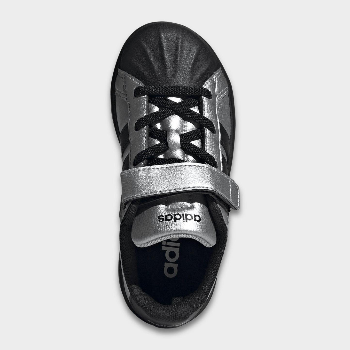 Girls' Little Kids' adidas Streettalk Stretch Lace Hook-And-Loop Casual Shoes - Silver Metallic/Core Black/Silver Metallic - Top view