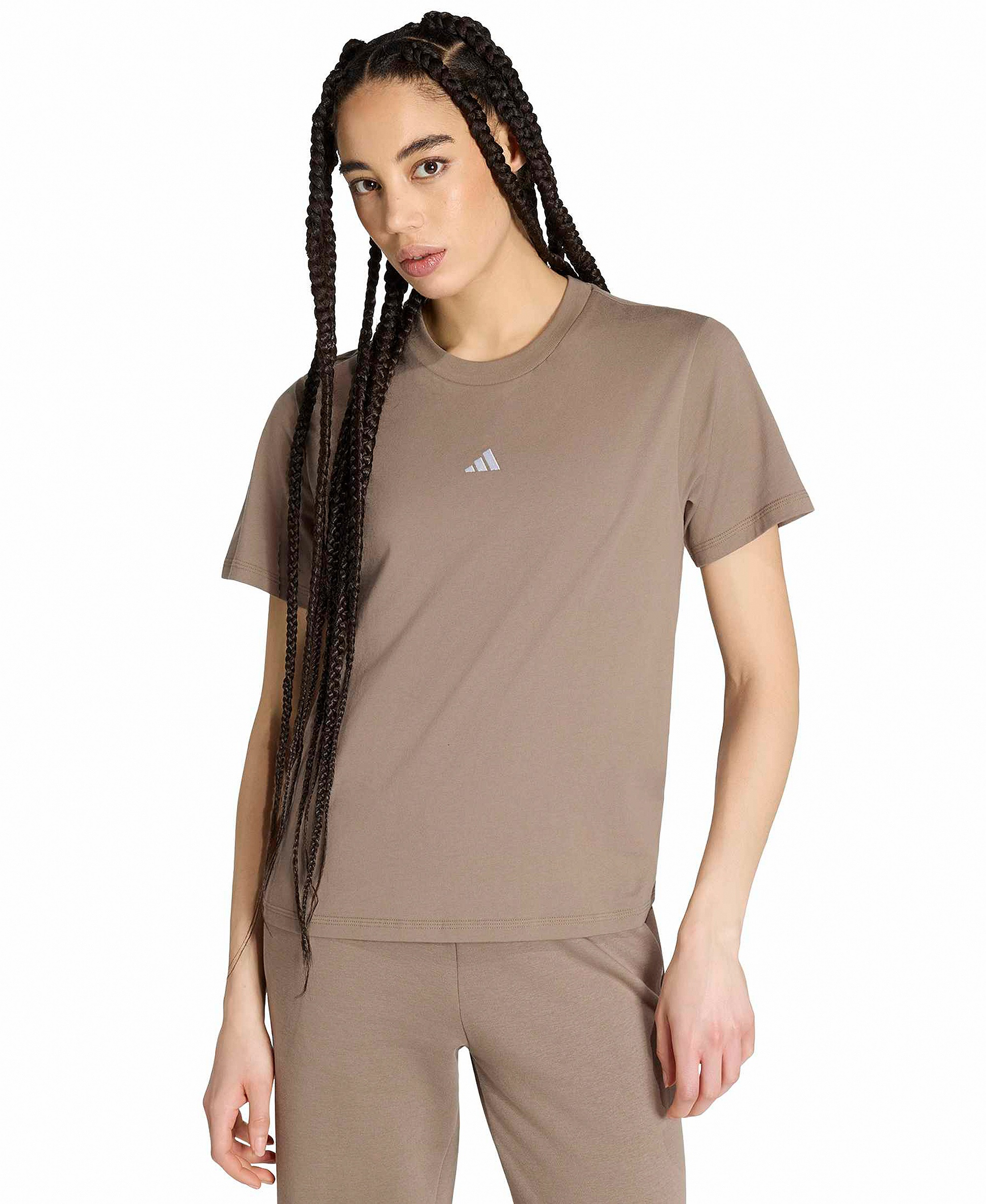 adidas Women's Short-Sleeve Cotton Crewneck Logo T-Shirt - Khaki Six/white