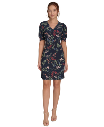 Tommy Hilfiger Women's Puffed-Sleeve Floral Shift Dress - Sky Captain Bloom